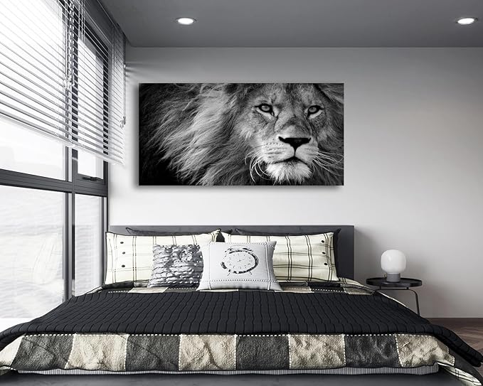 Baisuart-D0162 Canvas Prints Wall Art Grey lion Stretched Canvas Wooden Framed for living Room Bedroom and Office