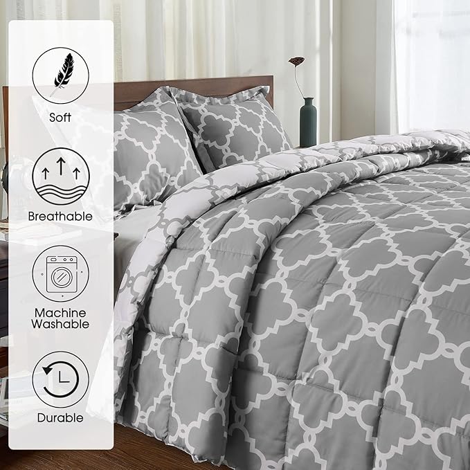 Basic Beyond Twin Comforter Set - Grey Comforter, Reversible Twin Bed Comforter Set for All Seasons, Grey, 1 Comforter (66"x92") and 1 Pillow Sham (20"x26"+2")