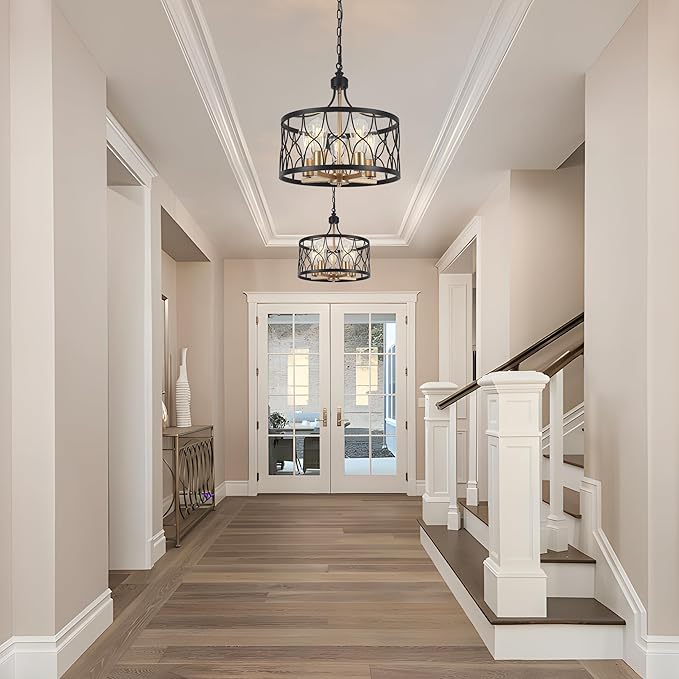 15.74" Farmhouse Ceiling Light Fixture, Hight Adjustable, 5-Light Modern Industrial Metal Cage Pendant Lighting for Kitchen Island Dining Room Living Room and Entryway (Gold)