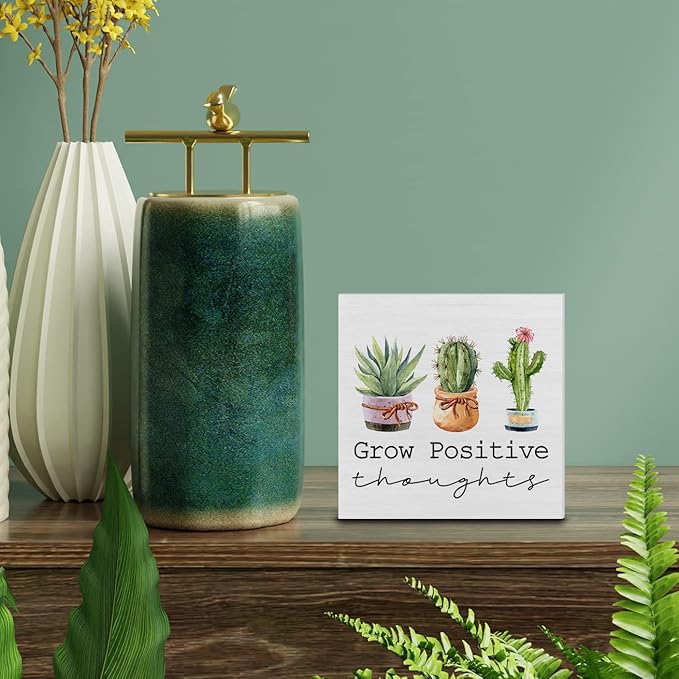 Country Grow Positive Thoughts Wood Box Sign Decor for Desk - Plant Lovers Cactus Wooden Block - Summer Rustic Home Shelf Wall Decoration