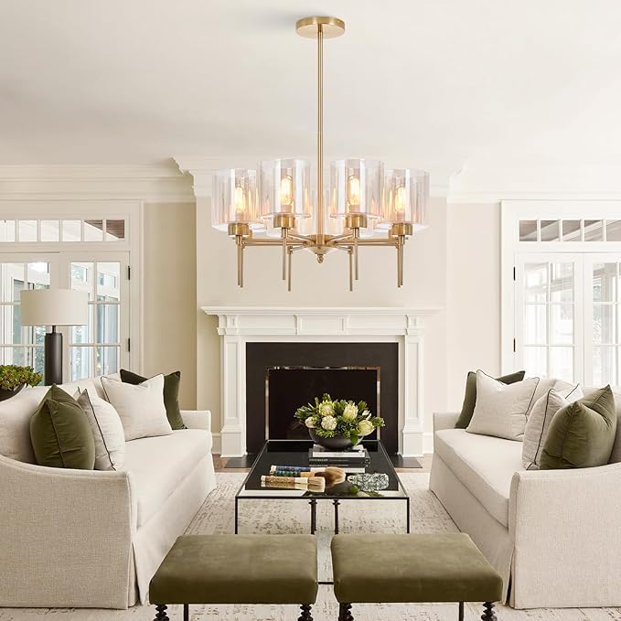 Brass Modern Chandeliers, Metal 8-Lights Chandelier Light Fixture with Amber Glass Shade, Hanging Pendant Lighting for Living Room, Dining Room, E26