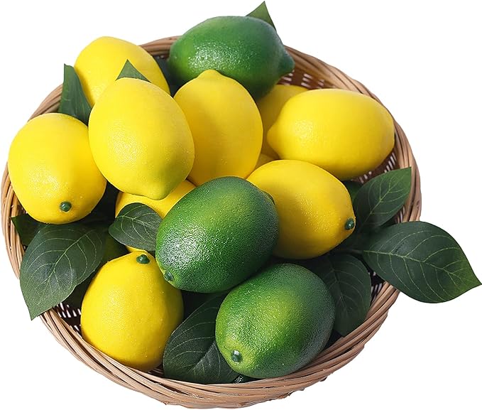 Fake Fruit Artificial Lemons 24 Pcs, Faux Lemon Leaves 12 Pcs Lifelike Fake Lemon Decor for Kitchen Table Cabinet Party Plastic Fruits Photography Prop
