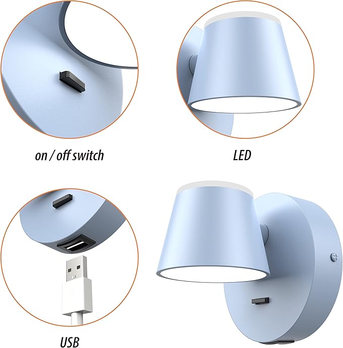 URSOLA Wall Light LED Wall Sconce with On/Off Switch USB Charging Port 110 Volt Hardwired Wall Lamp 350 Rotatable Up Down Sconces Wall Lighting (Blue)