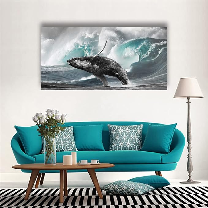 Surging Waves Whale Pictures Canvas Wall Art For Living Room Bedroom Wall Decor,Surge Wall Art Print Paitnings for Home Decor,Morden Artwork Seascape Canvas Art Waterproof Ready to Hang-20X40Inches