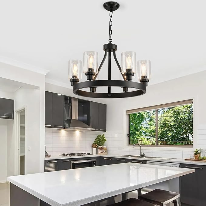 D24'' Black Wagon Wheel Chandelier, 6-Light Black Round Farmhouse Chandeliers, Dining Room Light Fixtures Industrial Hanging Lights for Kitchen Island, Living Room, Bedroom, Entryway, Foyer