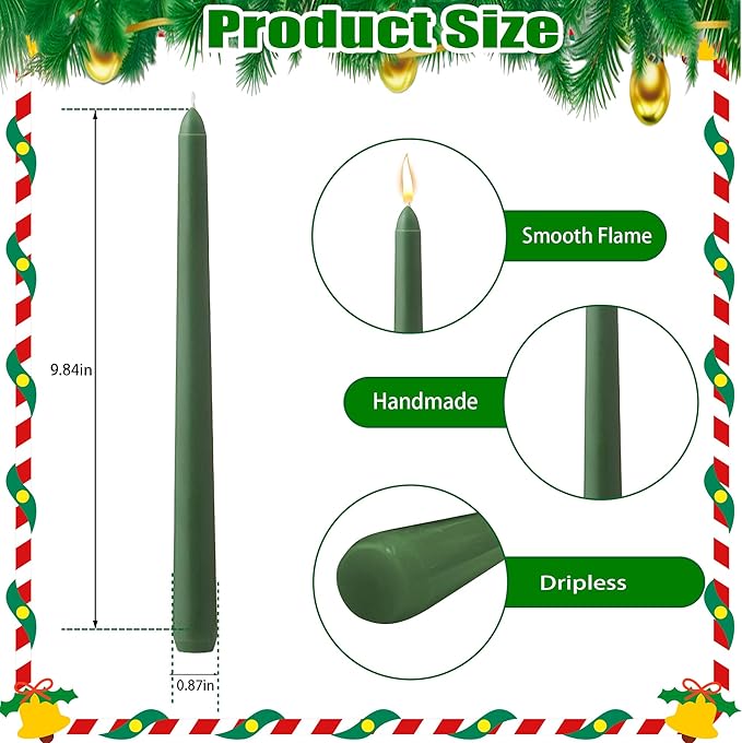 6Pcs Christmas Candle Sticks,10 Inch Dripless Christmas Taper Candle Stick,Red/Green Unscented Xmas Tapered Candles for Decoration
