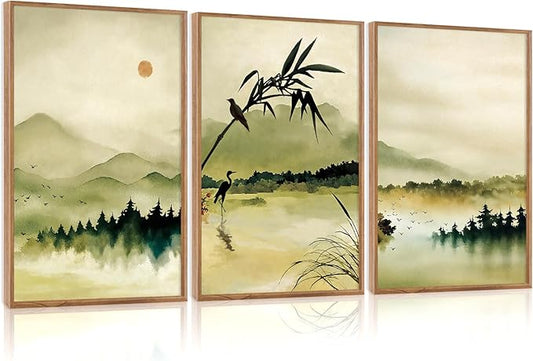 CHDITB Zen Landscape Framed Canvas Wall Art Set, Green Ink Wash Wall Decor, Mountain Lake Bamboo Art Spiritual Wall Painting, Vintage Ink Wash Art Prints for Living Room, Bedroom, Office-16 x24 x3