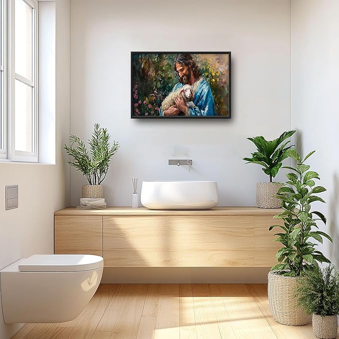 Flintis Large Jesus and Lamb Wall Art Christian Jesus Portrait Pictures Wall Decor Religion Canvas Painting Print Artwork Decoration Framed for Living Room Bathroom Master Bedroom Office 36L x 24W