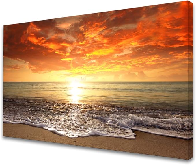 Baisuart-S0169 Canvas Prints Wall Art Sunset Ocean Beach Pictures Photo Paintings for Living Room Bedroom Home Decorations Modern Stretched and Framed Seascape Waves Landscape Giclee Artwork