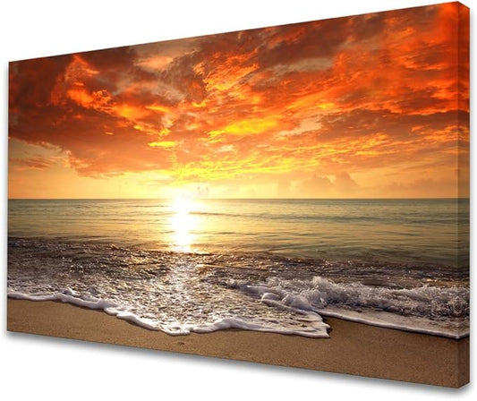 Baisuart-S0169 Canvas Prints Wall Art Sunset Ocean Beach Pictures Photo Paintings for Living Room Bedroom Home Decorations Modern Stretched and Framed Seascape Waves Landscape Giclee Artwork
