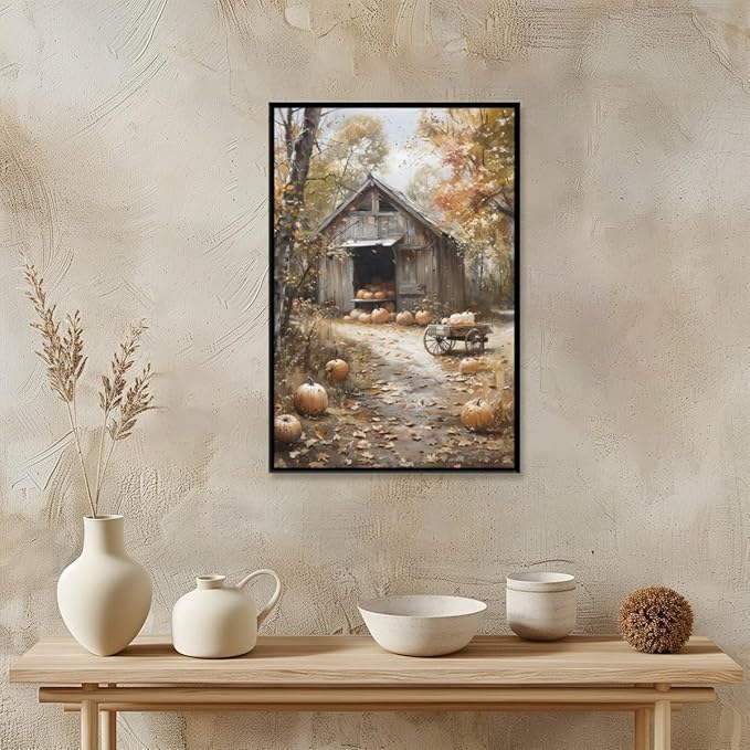 Fall Canvas Wall Art Farmhouse Pumpkin Barn Posters Retro Countryside Fall Pictures Prints Farmhouse Wall Decor for Home Living Room 24x36inch black framed