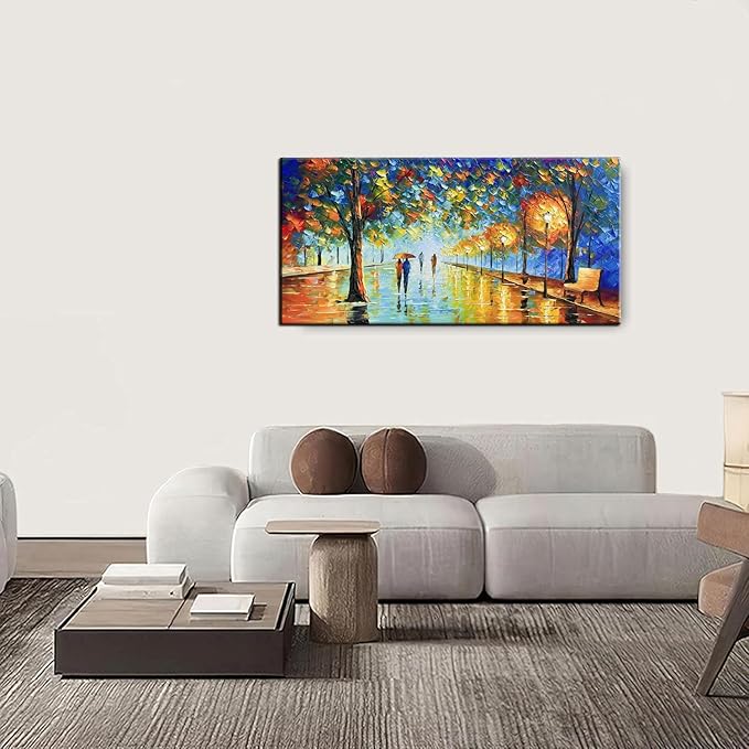 Tyed Art- Contemporary Landscape Art oil painting canvas rainy night street scene hand-painted acrylic frame wall art modern canvas painting living room bedroom office decoration Painting 24x48inch