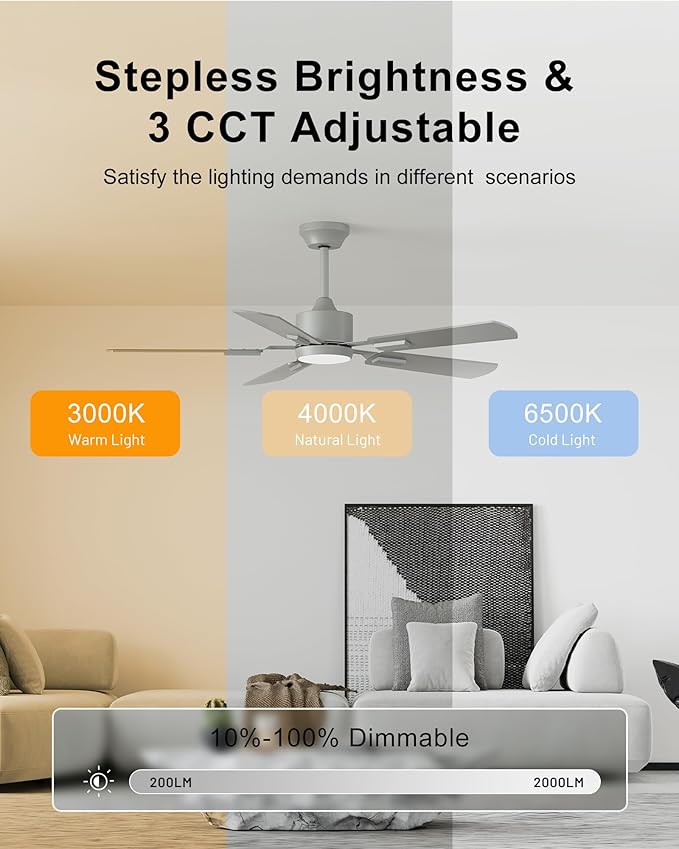 CubiCubi Ceiling Fans with Lights - 52 inch Silver Ceiling Fan with Light and Remote/APP, Dimmable, Super Quiet, Modern Ceiling Fan for Indoor Bedroom, Living Room, Kitchen