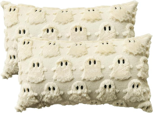 AVOIN colorlife Halloween Ghost Beige Throw Pillow Cover Set of 2, 12 x 20 Inch Soft Plush Faux Fur Jacquard Spooky Cushion Case Decoration for Sofa Couch