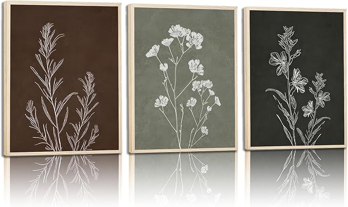 3Pcs Framed Botanical Canvas Wall Art Gallery Wrap Prints Minimalist Floral Posters Modern Botanical Artwork for Living Room Bedroom Bathroom Office Decor 12x16 Inch