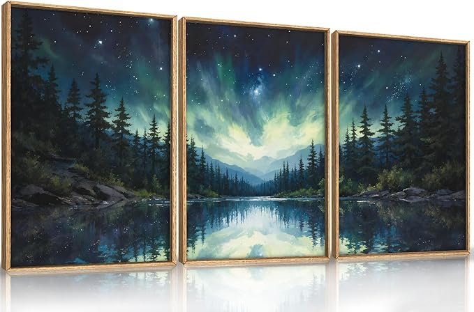 HOURIA Northern Lights Forest Lake Framed Canvas Wall Art Set,Aurora Borealis Mountain Wall Decor,Night Sky Reflective Water Artwork,Modern Wilderness Landscape Prints for Living Room,Office-16"x24"x3