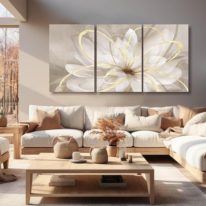 Kureful White Floral Wall Art Maximalist Decor 16"x 24"x 3 Pieces Flower Canvas Painting Wall Decor Gold Picture for Living Room Bedroom Home Decor