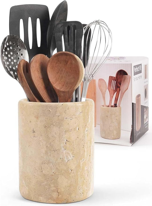 Marble Utensil Holder 6.5 Inch Stone Cooking Utensil Crock for Countertop Storage, Modern Travertine Utensils Caddy, Spoon & Spatula Organizer for Farmhouse Kitchen Decor