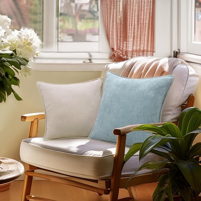 decorUhome Chenille Soft Throw Pillow Covers 22x22 Set of 2, Farmhouse Velvet Neutral Decorative Euro Pillow Covers with Stitched Edge for Couch Sofa Bed Home Decor, Aqua Haze