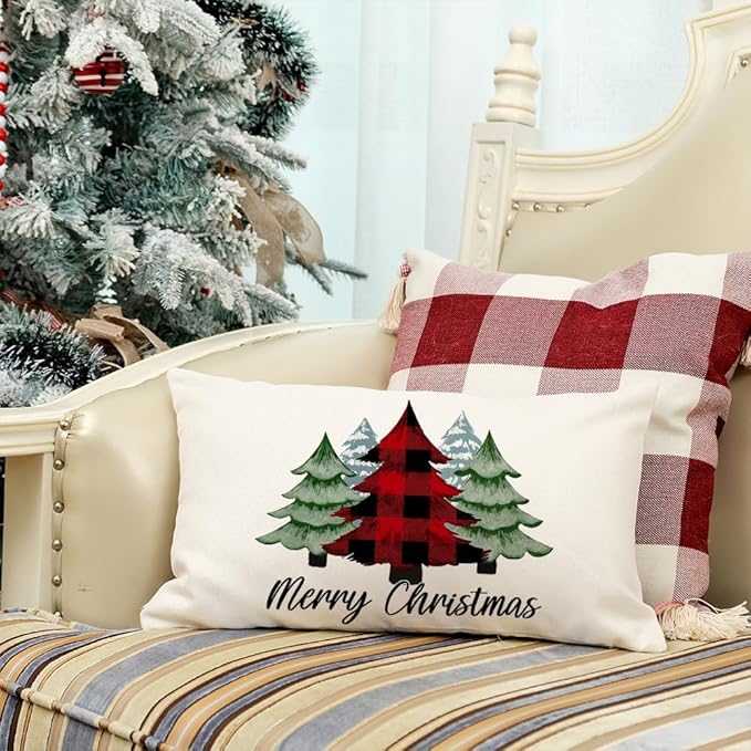 GEEORY Merry Christmas Pillow Covers 12 x 20 Inch Set of 4, Xmas Trees Buffalo Plaid Believe Truck Throw Pillowcases Farmhouse Decorative Cushion Cases for Home Sofa Decoration G421-12