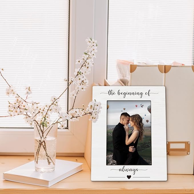 Engagement Picture Frame 5x7, Wedding Photo Frame, Engagement Gifts for Couples Newly Engaged, The Beginning of Always Wedding Couples Wooden Picture Photo Frames for Desk Home Room Decor