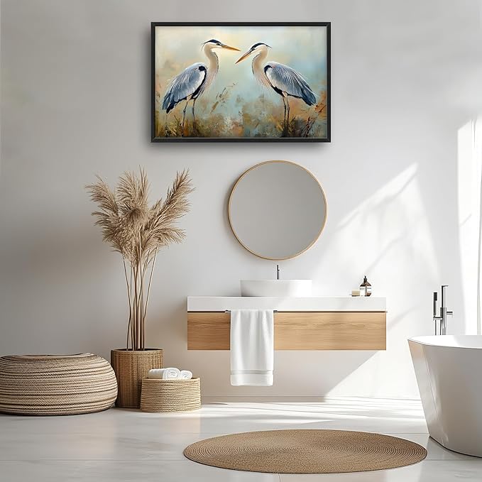 Blue Heron Framed Wall Art for Living Room, Large Birds Canvas Wall Decor, Animal Pictures Painting, Modern Artwork for Bathroom Bedroom 36L'' × 24W''