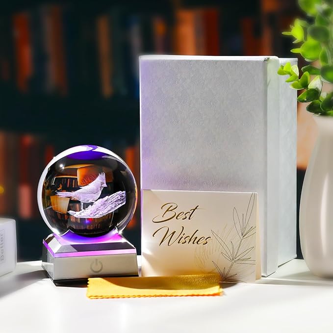 Cardinal Gifts for Women, Mom - 3D Crystal Ball 3.15in with Multicolor Led Light Base - Gifts for Daughter, Sister - Christmas Cardinal Statue Night Light Table Home Decor