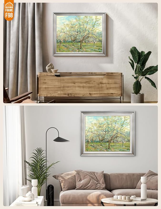 DECORARTS - The White Orchard, Vincent Van Gogh Art Reproduction. Acid Free Cotton Canvas Giclee Print w/Bronze Frame&Mat for Wall Decor.