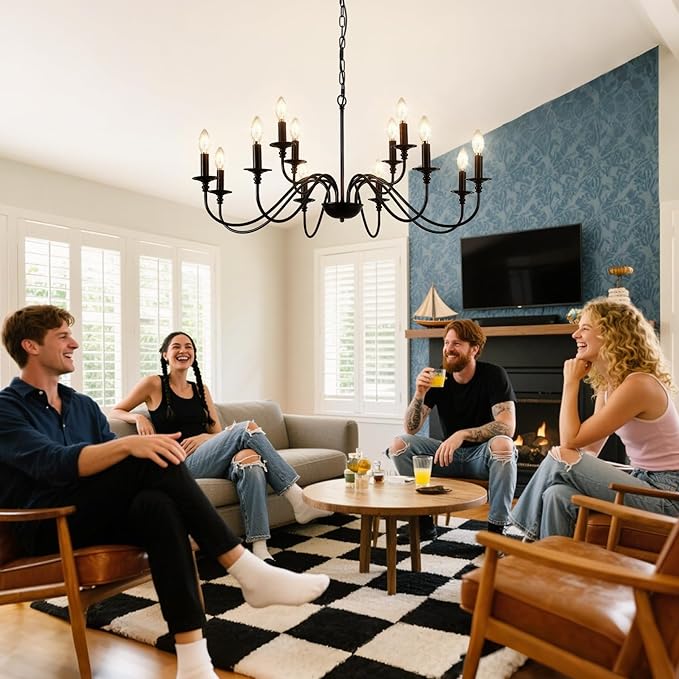 Depuley Farmhouse Chandelier Light Fixture: 12-Light Black Modern Chandelier for Dining Room Lighting - Industrial Hanging Pendant Lights Kitchen Island - Vintage Candle Chandeliers for Foyer