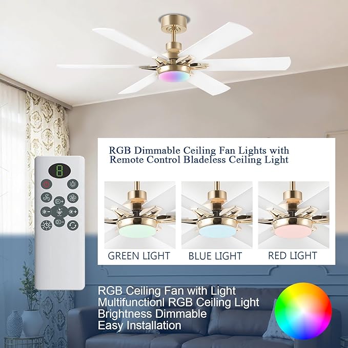 52in Ceiling Fans with Lights RGB Ceiling Fan with Light and Remote/APP Control,Low Profile Ceiling Fans with Lights for Bedroom,Living Room,Kids Room,3CCT Dimmable Modern Ceiling Fan, 8 Speeds,White