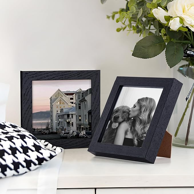 4x4 Picture Frame, Solid White Oak Wood Frame 4 by 4, 4 x 4 Square Photo Frame with Tempered Real Glass, Rustic Wooden Frame 4"x4" for Wall & Tabletop Display, Black Color, Set of 2