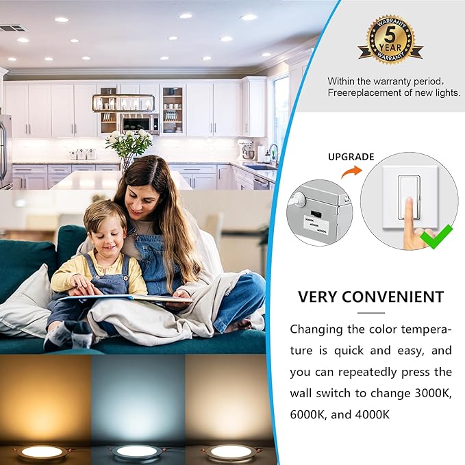 8 Inch LED Recessed Light with Junction Box.1Pack Ultra Thin LED Recessed Lights 3CCT 3000K/4000K/6000K Selectable Dimmable,18W 8" Ceiling Canless Light Downlight, Can Killer Lighting CR80+