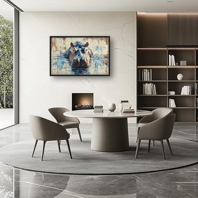 Extra Large Framed Abstract Hippo Wall Art,Oversized African Hippopotamus Wild Animal Wall Decor,Vintage Pictures for Living Room,Canvas Print Painting Modern Artwork Bedroom Office Bathroom 36L x24W