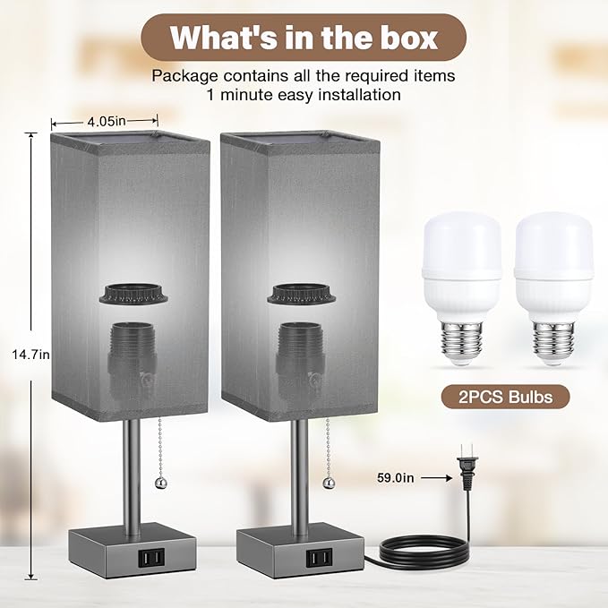 Grey Bedside Table Lamps for Bedroom Set of 2 - Small Rectangular Nightstand Lamp with AC Outlet Charging Port, 3 Color Temperatures Light, Tabletop Reading Lamp for Living Room/Dorm/Office