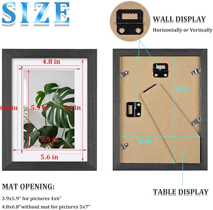 Egofine 6x8 Picture Frames Set of 4, Made of Solid Wood Covered by Plexiglass 4x6 and 5x7 with Mat or 6x8 without Mat, for Table Top Display and Wall Mounting Photo Frame Rustic Black