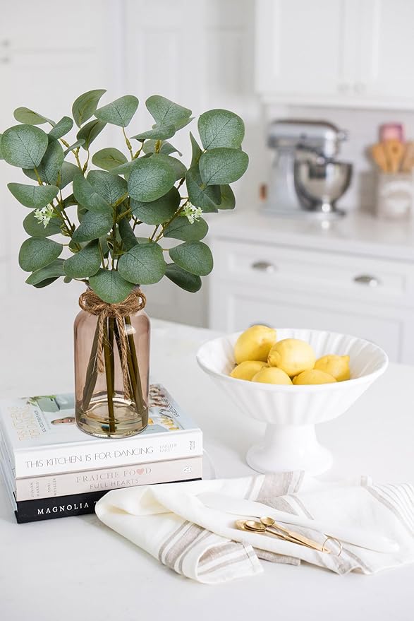 Briful Artificial Eucalyptus Stems in Teal Glass Vase with Faux Water, 14" Fake Plant Eucalyptus Leaves for Home Farmhouse Wedding Centerpiece Bathroom Décor