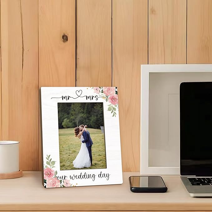 Wedding Picture Frame 5x7, Engagement Photo Frame, Engagement Gifts for Couples Newly Engaged, Mr and Mrs Our Wedding Day Couples Wooden Picture Photo Frames for Desk Home Room Decor