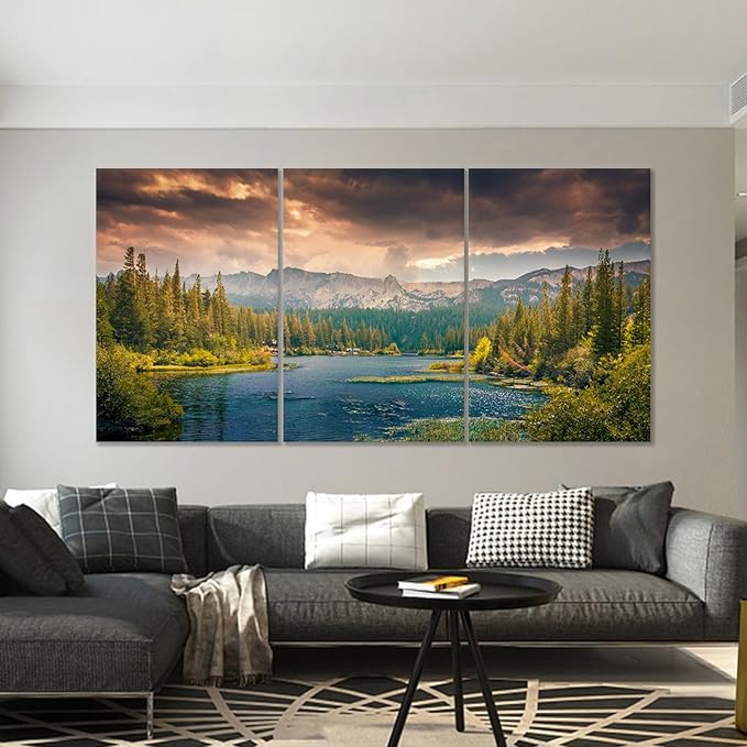 3 Piece Landscape Lake Wooden Framed Canvas Wall Art Mountains Forest Picture Print Nature Park Large Poster Painting Artwork for Living Room Office Wall Decoration Ready to Hang [72''Wx 36''H]