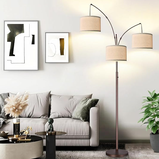 Dimmable Floor Lamp - 3 Lights Arc Floor Lamps for Living Room, 1000LM Modern Tall Standing Lamp With Beige Shades, Mid Century Tree Floor Lamp for Bedroom Office, 3 LED Bulbs Included - Brown