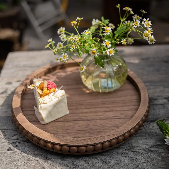 12in Round Wood Beaded Tray - Brown, Distressed Finish - Farmhouse Boho Style - Decorative Tray for Living Room, Coffee Table, Kitchen Table or Serving Tray