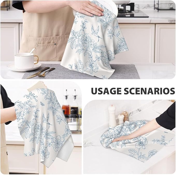 Spring Kitchen Towels 16x24 Inch Navy Blue Chinoiserie Flowers Bird Decor Dish Towels Floral Summer Seasonal Decoration Hand Towels Absorbent Dish Cloths for Home Kitchen Dining Set of 2