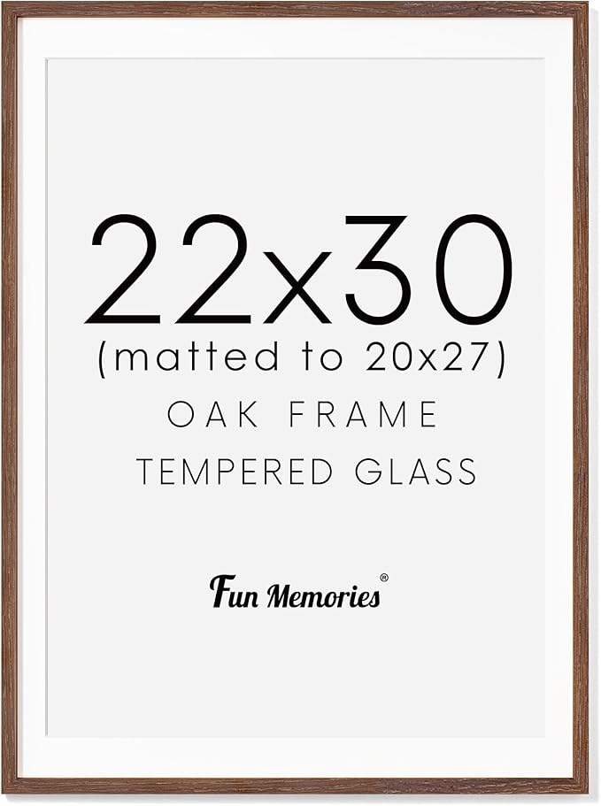 22x30 Oak Wood Picture Frame, 22"x30" Poster Frame for Wall, 22x30 Picture Frame with Mat for 20x27, Solid Oak Wood Photo Frame 22 x 30 with Tempered Real Glass (Walnut Color, 1 Pack)