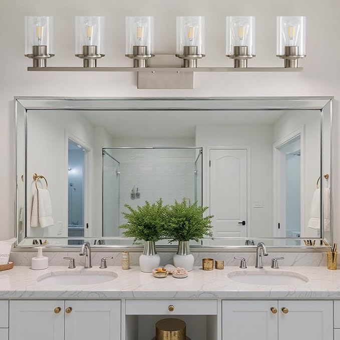 LOUSACE 6 Light Bathroom Vanity Light, Brushed Nickel Bathroom Light Fixtures, Modern Bathroom Lights over Mirror with Clear Glass Shade, Wall Vanity Lighting Fixtures for Bathroom Bedroom Living Room