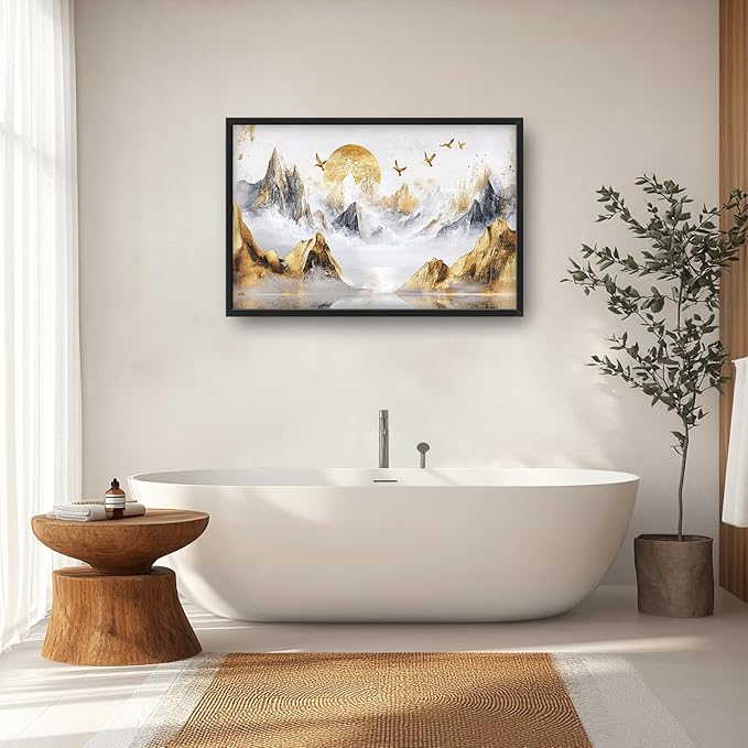 Extra Large Framed Abstract Mountain Wall Art,Golden Silver Sun Bird Wall Decor,Mountain Landscape Pictures for Living Room,Canvas Print Painting Modern Artwork Bedroom Office Bathroom 36L x24W