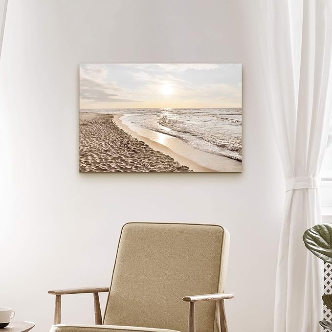 Sunset Beach Picture Wall Art: Sea Waves Canvas Painting Contemporary Ocean Scenery Coastal Artwork Tropical Nature Sands Seaside Seacape Prints for Modern Bathroom Living Room Bedroom