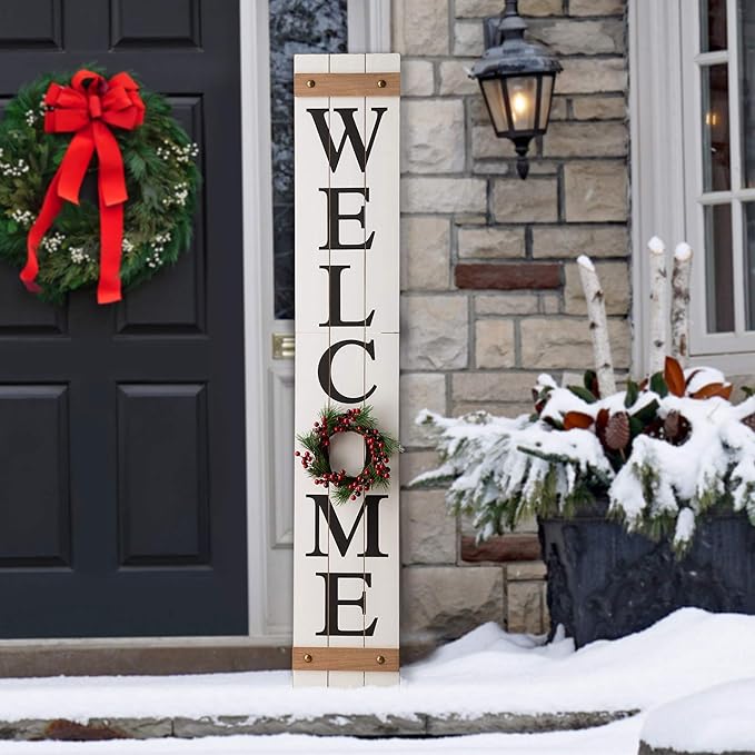 Glitzhome Welcome Sign with 4 Interchangeable Floral Wreaths for Front Door Porch, Farmhouse Wooden Hanging Wall Sign for Seasons Spring Fall Harvest Thanksgiving Christmas, 60”H, White