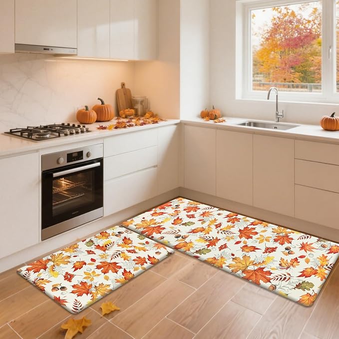 SHACOS Fall Anti Fatigue Kitchen Mats 2 Pcs Orange Maple Leaves Acorn Nuts Autumn Non Slip Cushioned Floor Mat for Kitchen Ergonomic Standing Mats Home Decor, 17x27.5+17x47, Maple & Acorn