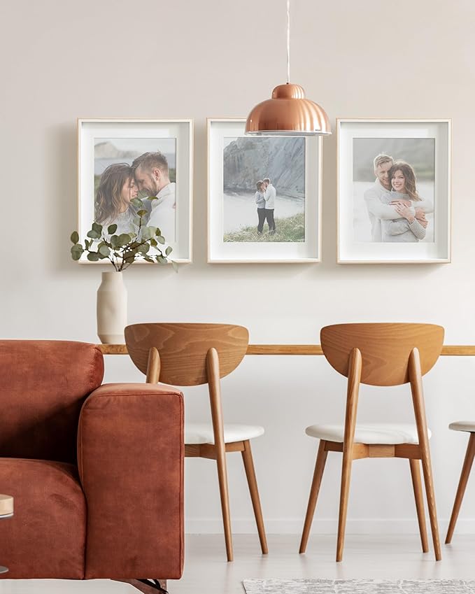 Kate and Laurel Gibson Modern Wall Picture Frame Set of 3; 14x18 matted to 11x14; White and Natural; Modern Three-Piece Frame Set for Gallery Wall Frame Set in Living Room Wall Decor