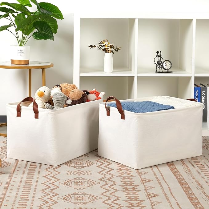 DULLEMELO Large Storage Bins for Towels, Decorative Fabric Storage Baskets Bins for Organizing Bedroom, Closet Organizers and Storage for Clothes, 19" L x 13" W x 11" H, Natural Color, 2-Pack