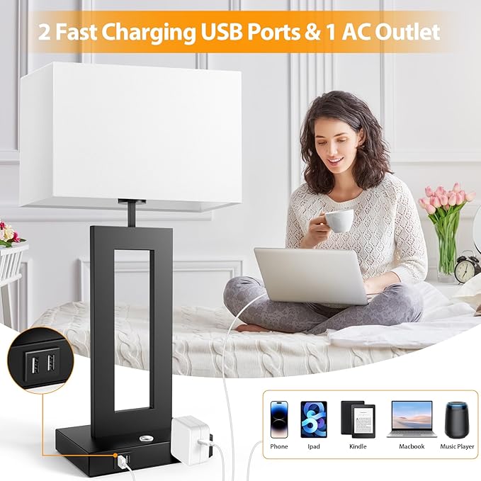 27.2’’ Tall Black Table Lamps for Living Room Bedroom, Bedside Touch Control Lamps with 2 USB Ports&AC Outlet, 3 Way Dimmable&Stepless Dimming Desk Lamp Sets for Home Office, Pre-assembled White Shade